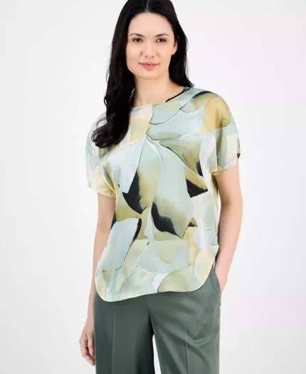 Petite Floral-Print Curved-Hem Bateau-Neck Blouse